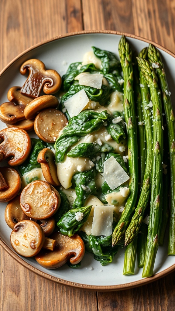 A plate with sautéed mushrooms, creamy spinach, and roasted asparagus garnished with parmesan cheese.
